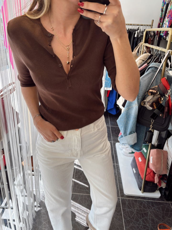 Düğmeli Kısa Kol Triko Bluz Kahve