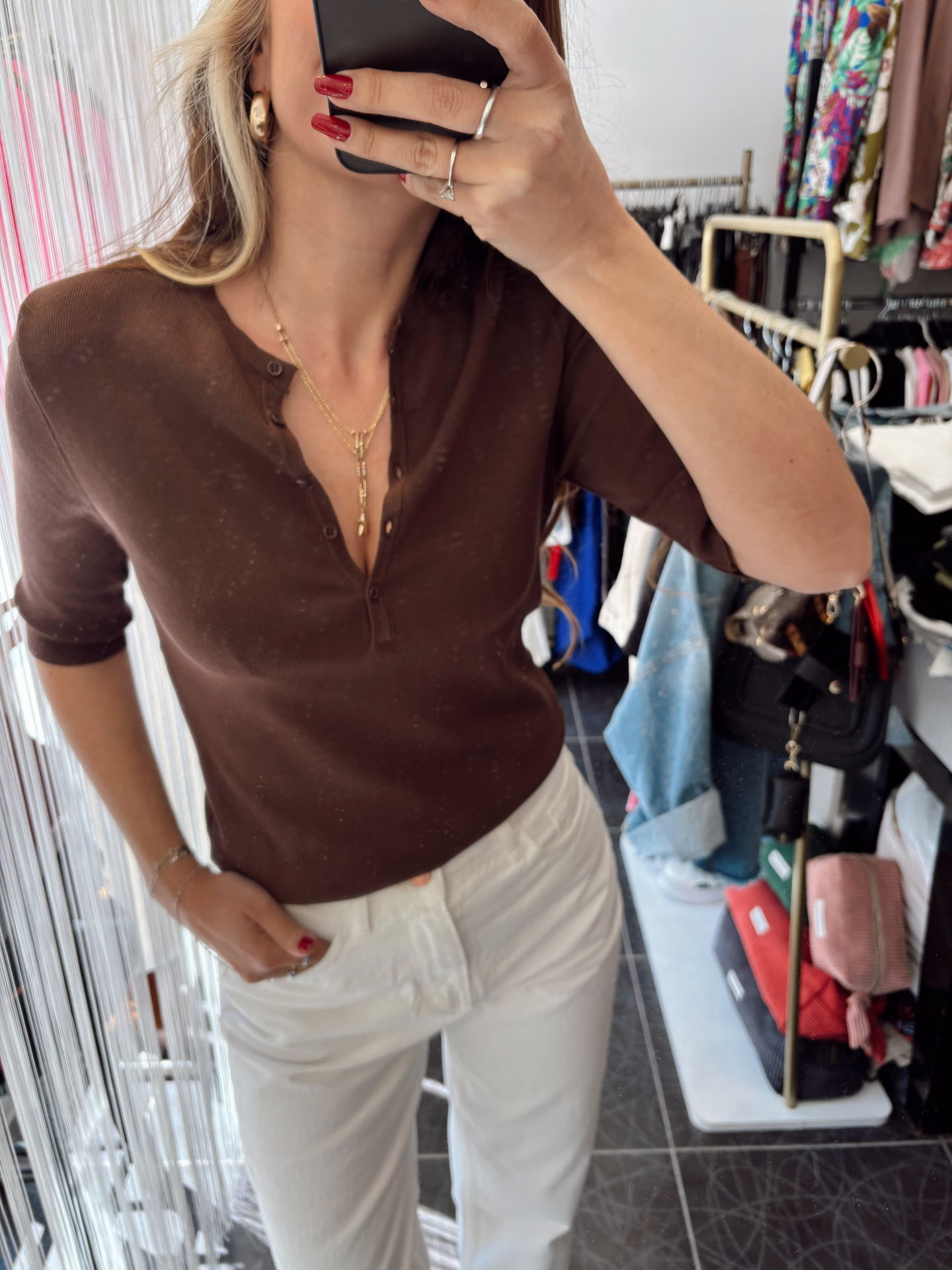 Düğmeli Kısa Kol Triko Bluz Kahve