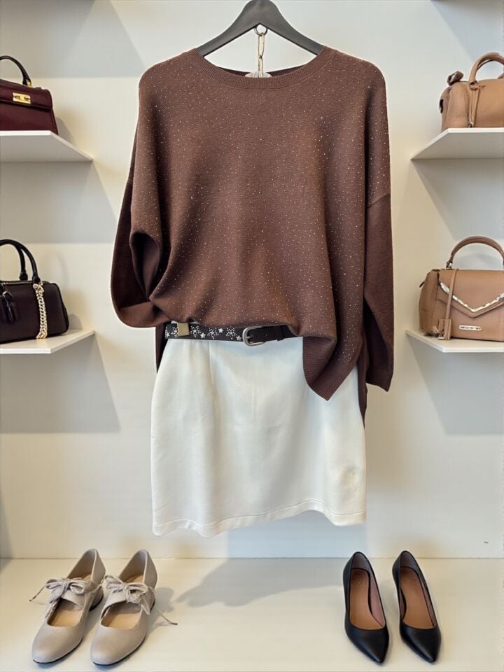 Taşlı Arkası Uzun Premium Triko Acı Kahve