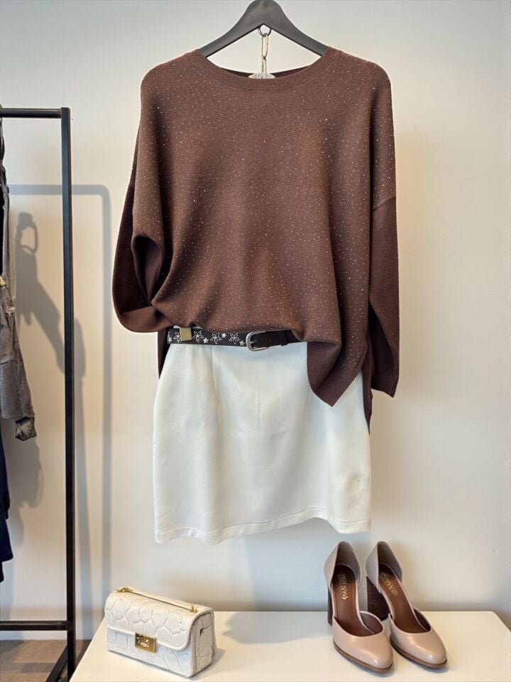 Taşlı Arkası Uzun Premium Triko Acı Kahve