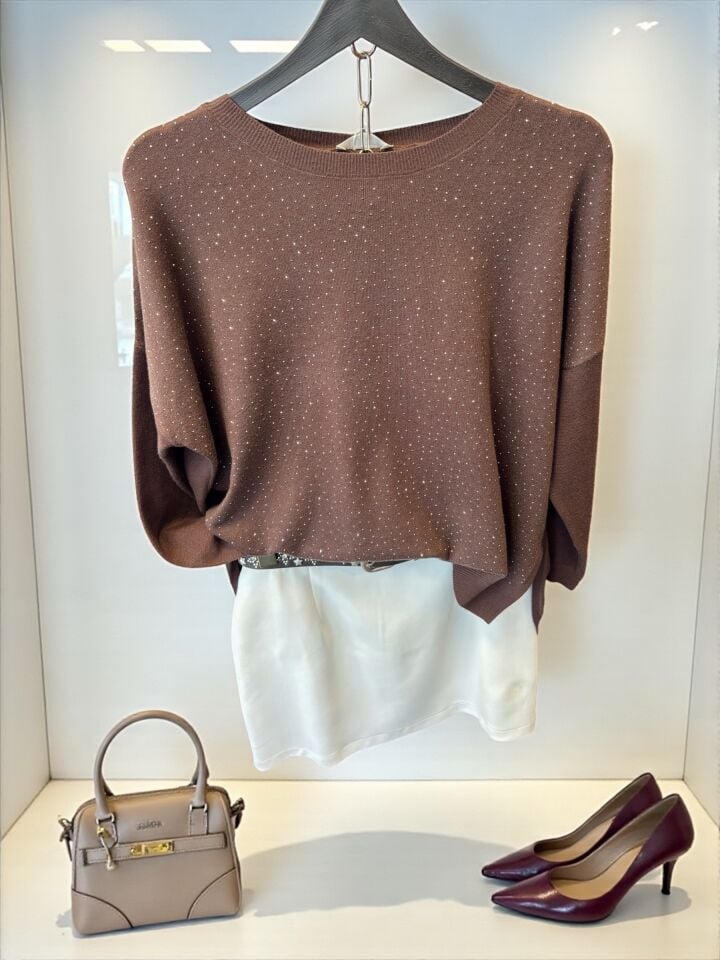 Taşlı Arkası Uzun Premium Triko Acı Kahve