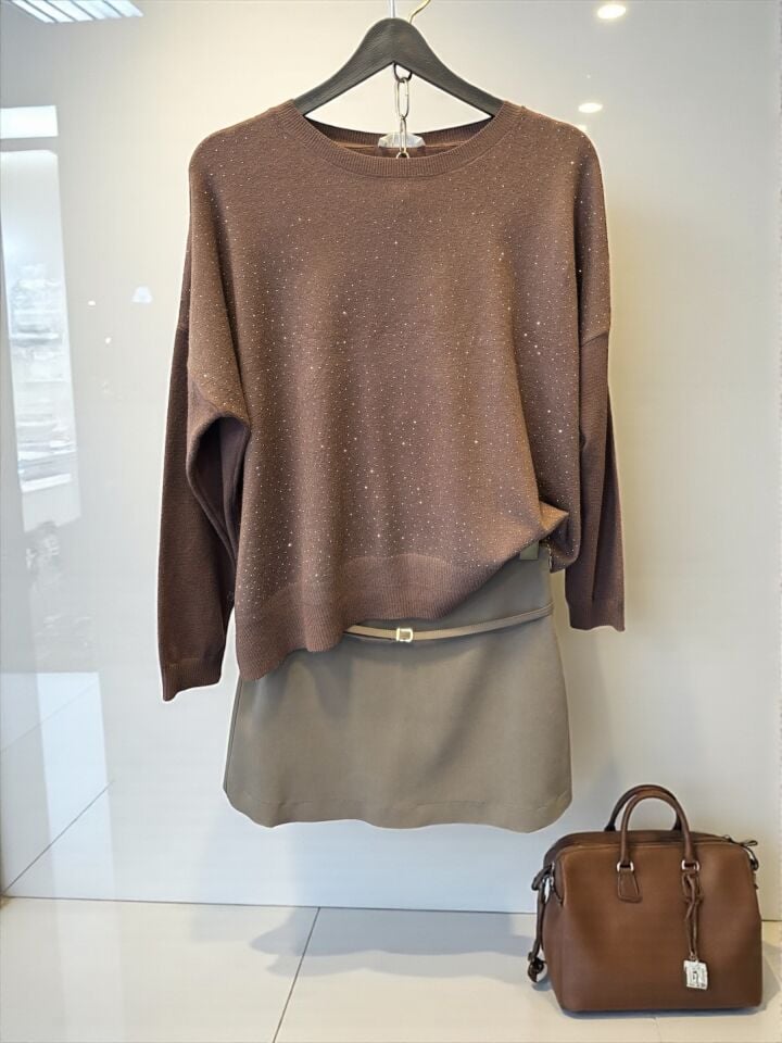 Taşlı Arkası Uzun Premium Triko Acı Kahve