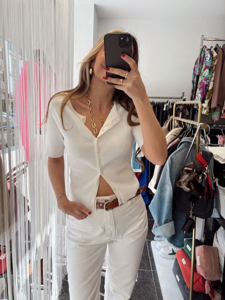 Düğmeli Kısa Kol Triko Bluz Hırka Beyaz STANDART BEDEN - Sarı