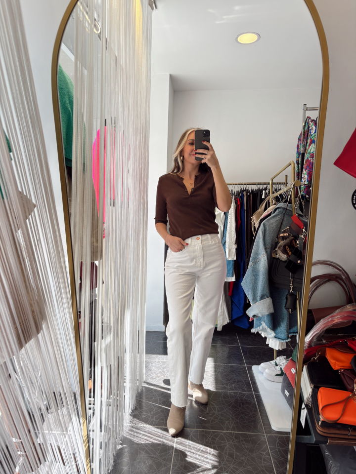 Yüksek Bel Likralı Boy Fit Beyaz Jean