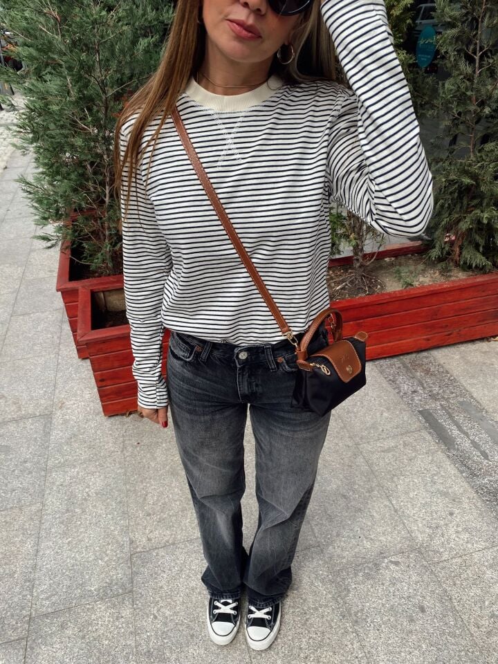 Massi Çizgili Sweatshirt Siyah Ekru(Kopya)