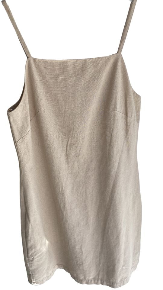 Askılı Mini Keten Elbise Bej