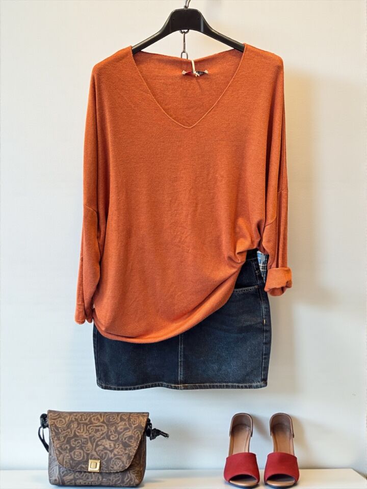 İthal V Yaka Oversize Angora Kazak Kiremit