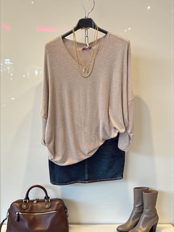 İthal V Yaka Oversize Angora Kazak Vizon