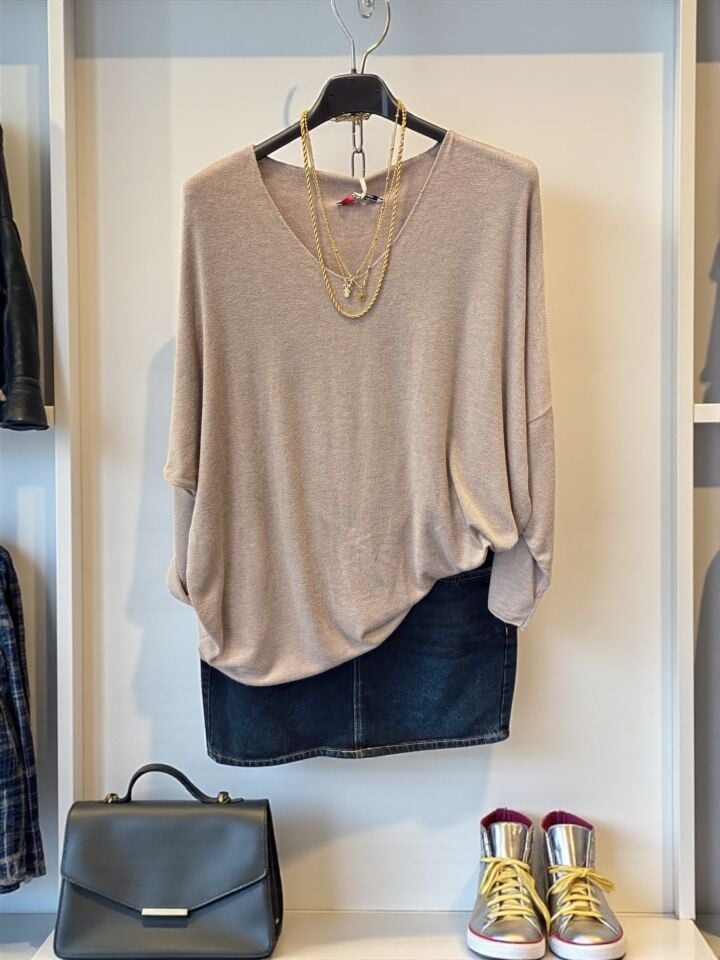 İthal V Yaka Oversize Angora Kazak Vizon