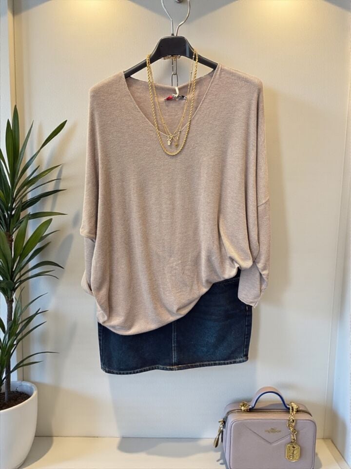 İthal V Yaka Oversize Angora Kazak Vizon